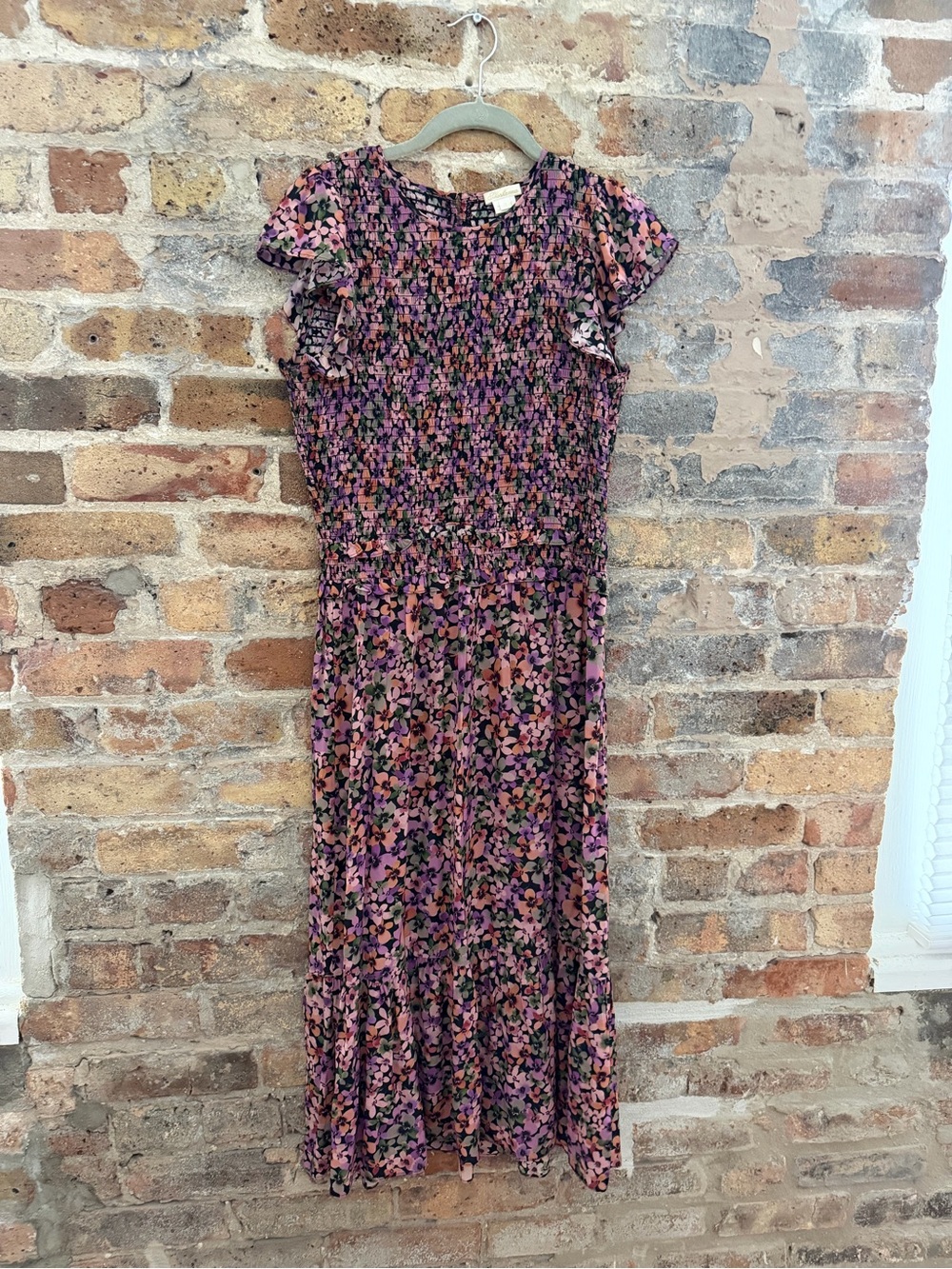 Shoshanna Purple and Pink Floral Smocked Midi Dress